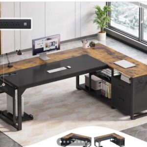 71″ Executive Desk with Outlet – Grey+Black