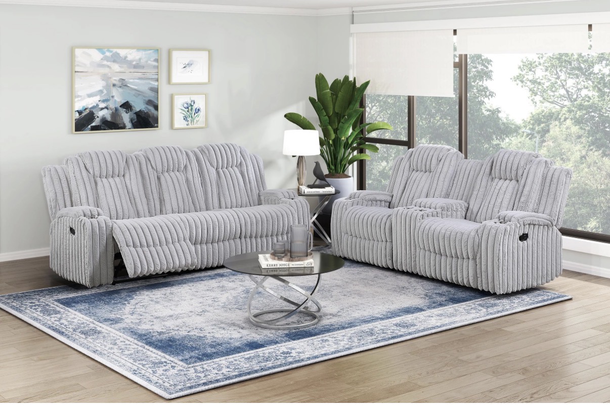 Luxury Corduroy Fabric Recliner Sofa Set (3+2) - Light Grey - Image 2