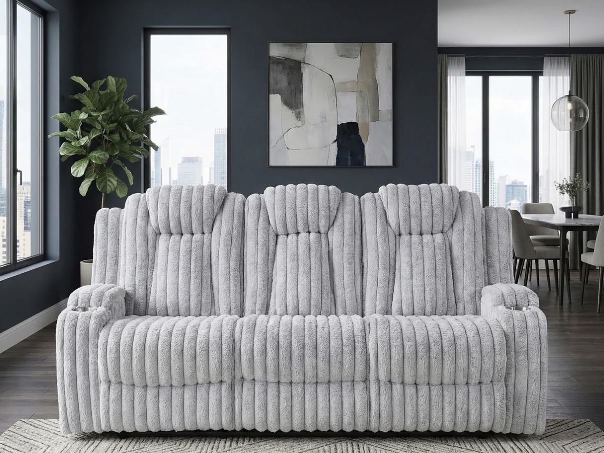 Luxury Corduroy Fabric Recliner Sofa Set (3+2) - Light Grey