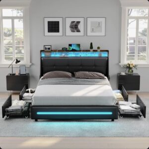 Black PU LED Platform Bed with 2 Storage Drawers