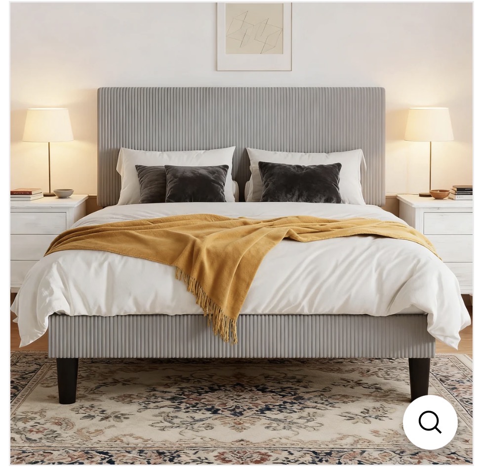 Luxury Light Grey Channel Tufted Upholstered Platform Bed Frame - Queen Size