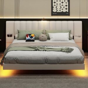 Luxury Floating Bed Frame with LED Lights & Hidden Legs - Upholstered