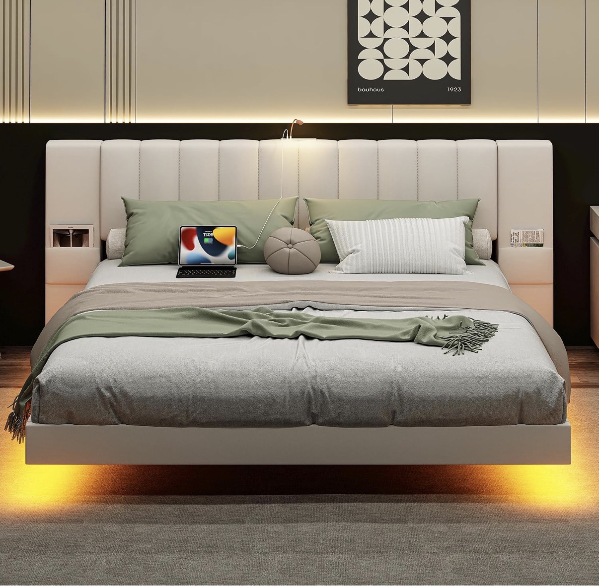Luxury Floating Bed Frame with LED Lights & Hidden Legs - Upholstered