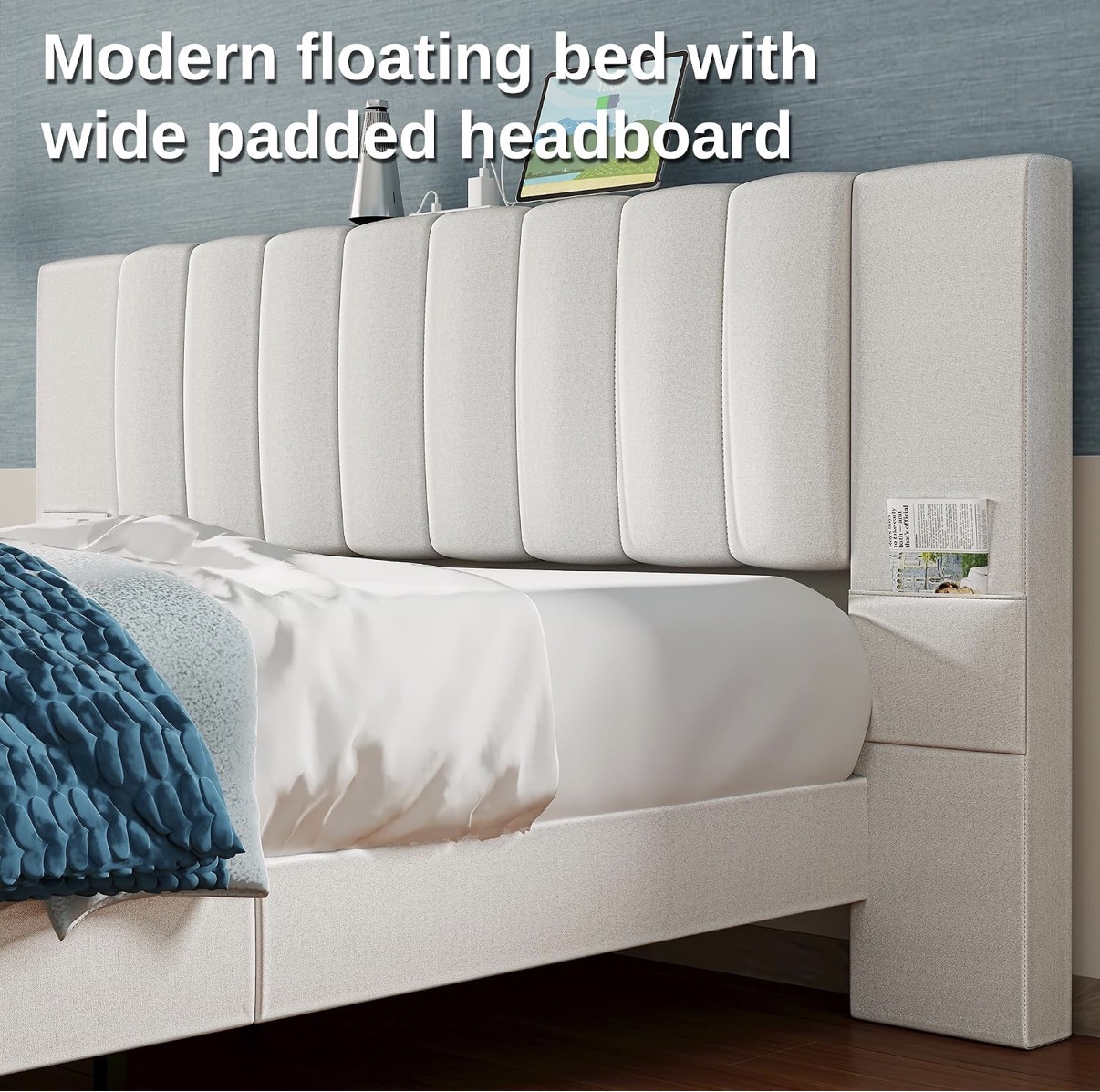 Luxury Floating Bed Frame with LED Lights & Hidden Legs - Upholstered - Image 3