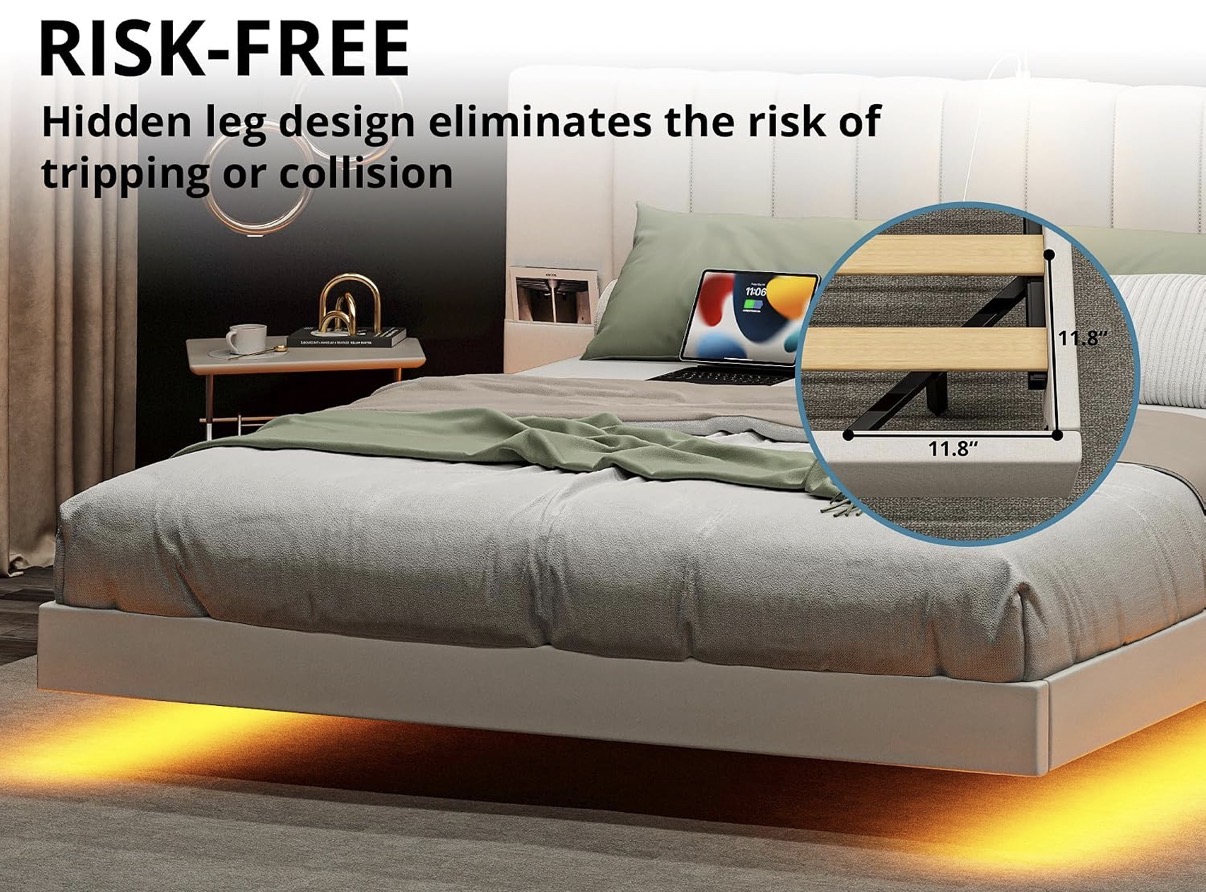 Luxury Floating Bed Frame with LED Lights & Hidden Legs - Upholstered - Image 2