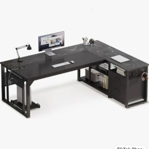 Modern L-Shape Executive Office Desk with Drawers & Charging Station