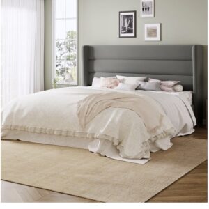 Modern Wingback Upholstered Platform Bed Frame with Tall Headboard - Grey