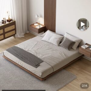Japanese Style Low Profile Solid Wood Platform Bed Frame - Walnut - With 2 Floating Nightstands