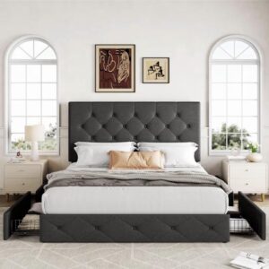 Luxury Upholstered Storage Bed Frame With 2 Big Drawers - Button Tufted Design