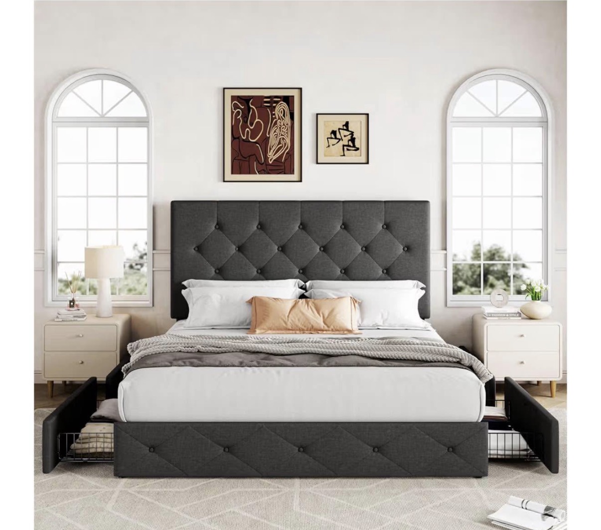 Luxury Upholstered Storage Bed Frame With 2 Big Drawers - Button Tufted Design