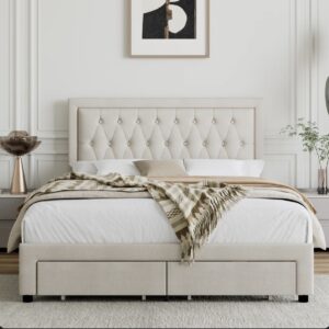 Linen Button Tufted Storage Bed Frame With 2 Drawers