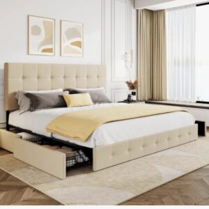 Cream Beige Linen Bed