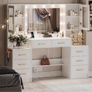 Luxury White Makeup Vanity Dressing Table With Hollywood LED Bulb Mirror - With 8 Drawers + 2 Glass Door Cabinets - With Gold Handles