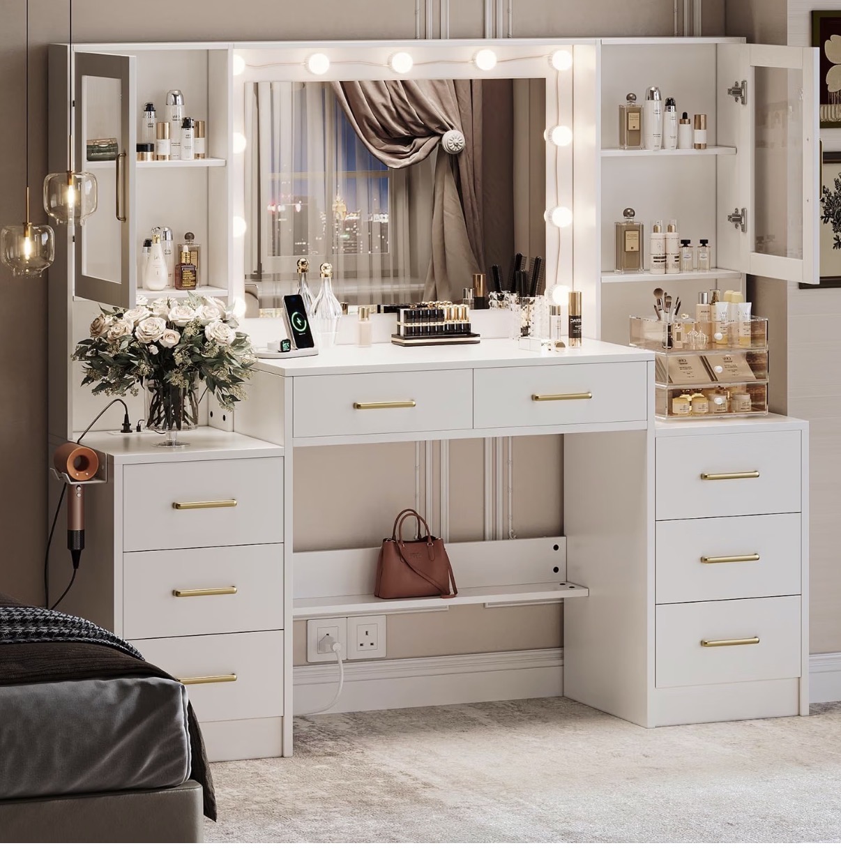 Luxury White Makeup Vanity Dressing Table With Hollywood LED Bulb Mirror - With 8 Drawers + 2 Glass Door Cabinets - With Gold Handles