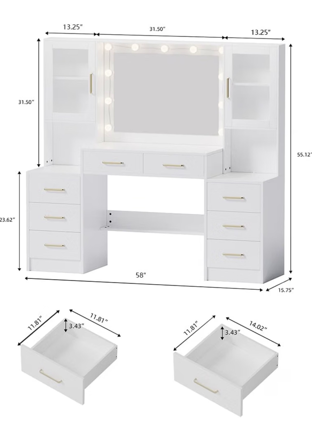 Luxury White Makeup Vanity Dressing Table With Hollywood LED Bulb Mirror - With 8 Drawers + 2 Glass Door Cabinets - With Gold Handles - Image 4