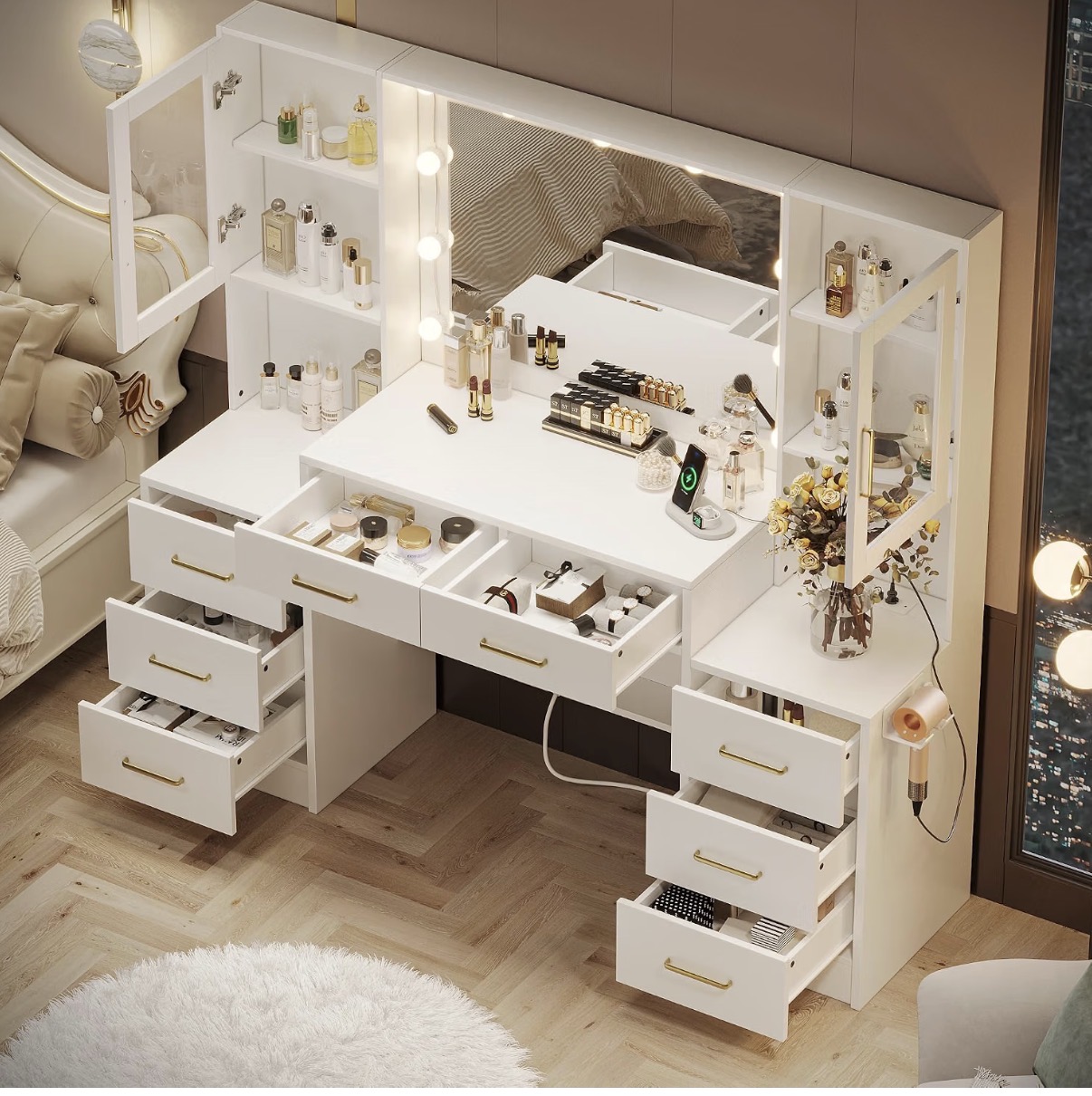 Luxury White Makeup Vanity Dressing Table With Hollywood LED Bulb Mirror - With 8 Drawers + 2 Glass Door Cabinets - With Gold Handles - Image 2