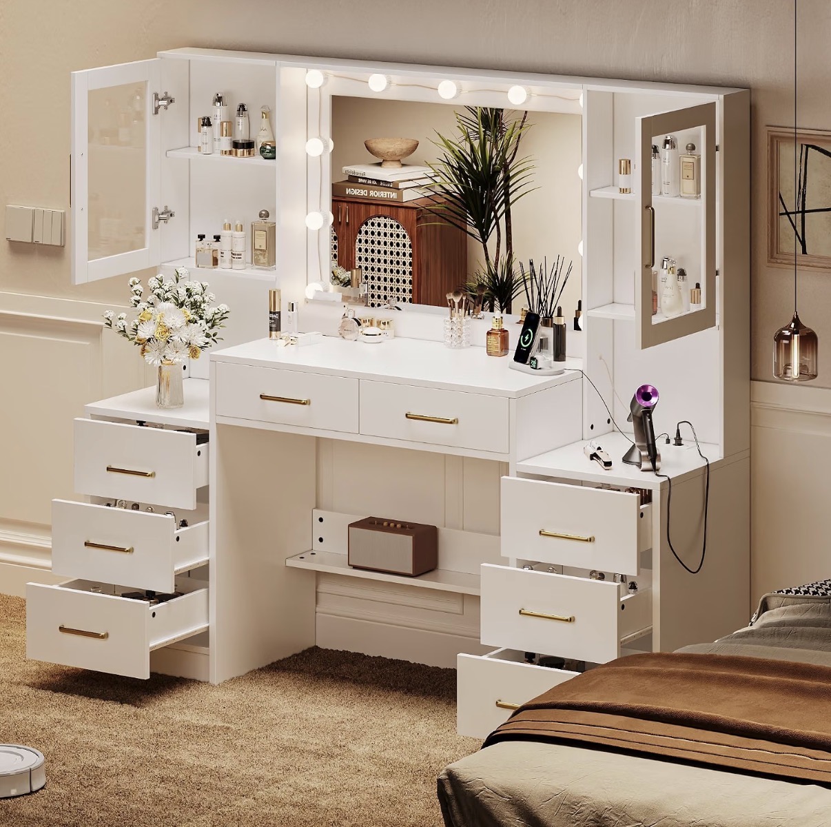 Luxury White Makeup Vanity Dressing Table With Hollywood LED Bulb Mirror - With 8 Drawers + 2 Glass Door Cabinets - With Gold Handles - Image 3
