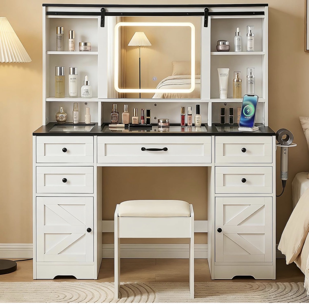 Luxury White Makeup Vanity Table With Hollywood LED Bulb Mirror - 8 Drawers + 2 Glass Door Cabinets - JMJ02-JMHX-KFZ135 - Image 2