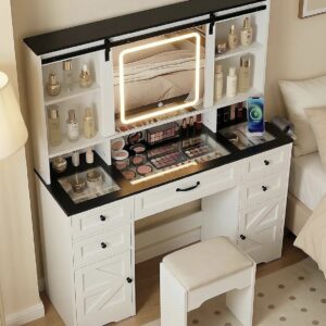Luxury White Makeup Vanity Table With Hollywood LED Bulb Mirror - 8 Drawers + 2 Glass Door Cabinets - JMJ02-JMHX-KFZ135