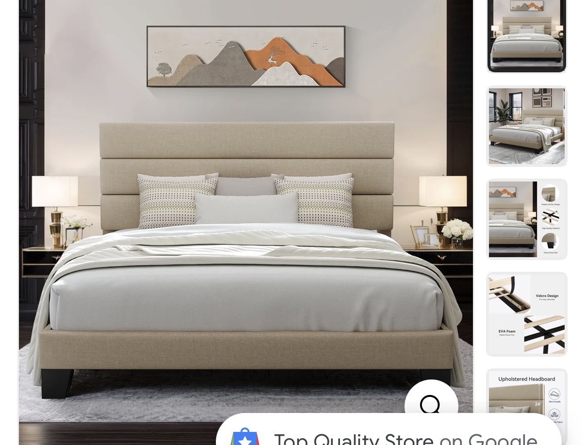 KMLL002 Beige Upholstered Platform Bed Frame - Channel Tufted Headboard