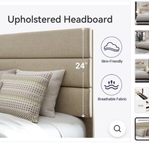 Beige Upholstered Platform Bed Frame - Channel Tufted Headboard