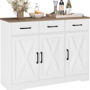 HOS-PB-757 Farmhouse White Sideboard Cabinet with 3 Drawers + 3 Barn Doors - Buffet / Kitchen Storage
