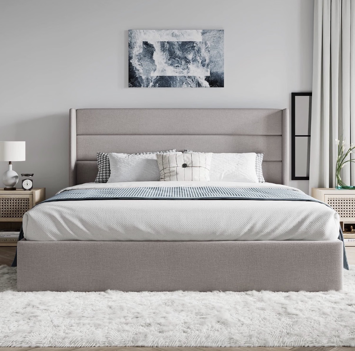 KBMV0005 Beige Channel Wingback Upholstered Bed Frame - Modern Linen Bed - Image 3