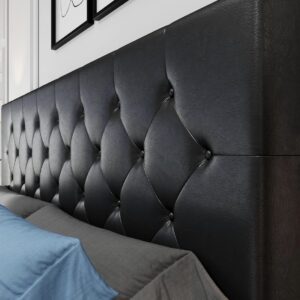 KBBT0003 Black Leather Button Tufted Storage Bed Frame with 4 Drawers - PU Leather Platform Bed