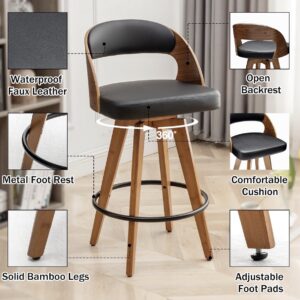 Modern Wooden Bar Stool with Black Leather Seat - Counter Height