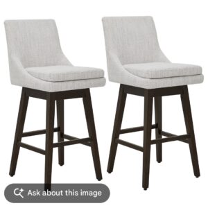 Upholstered Swivel Bar Stool - Counter Height - Beige Fabric - Dark Wood Legs - 2 Pcs Set