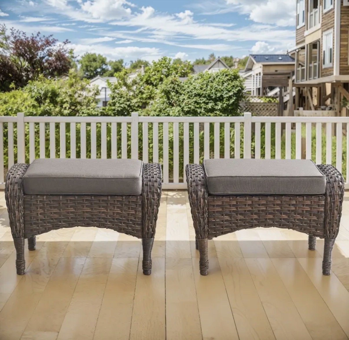 Gymojoy Versatile Outdoor Wicker Ottomans with Soft Cushions - Set of 2 - Brown Wicker / Grey Cushion - Image 2