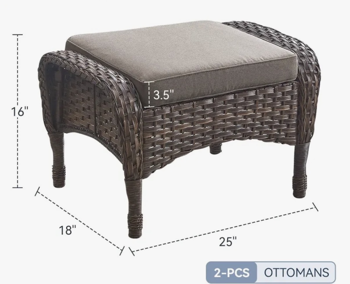 Gymojoy Versatile Outdoor Wicker Ottomans with Soft Cushions - Set of 2 - Brown Wicker / Grey Cushion