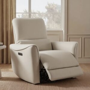 Leather Power Swivel Glider Recliner - Off-White / Cream - Electric Reclining - 360 Swivel Base