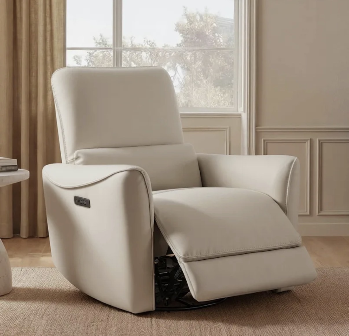 Leather Power Swivel Glider Recliner - Off-White / Cream - Electric Reclining - 360 Swivel Base