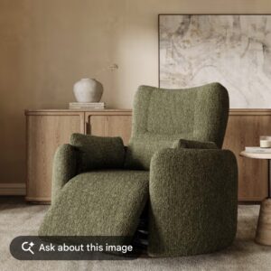 Luxury Boucle Fabric Recliner Chair - Olive Green - Wide Arm - Modern Oversized Electric Recliner