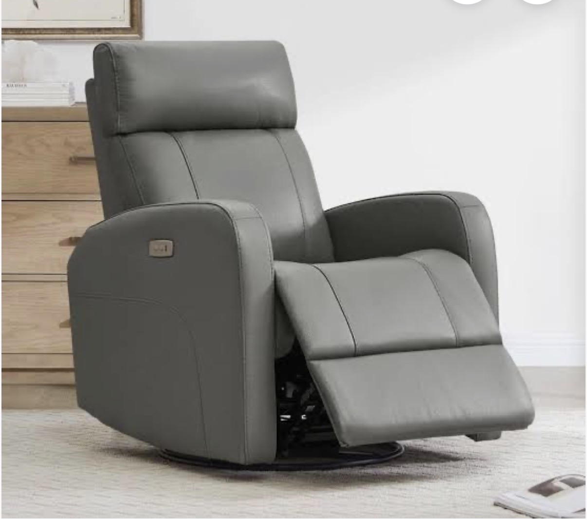 Leather Power Swivel Glider Recliner - Dark Grey - Electric Reclining - 360 Swivel Base - Image 3