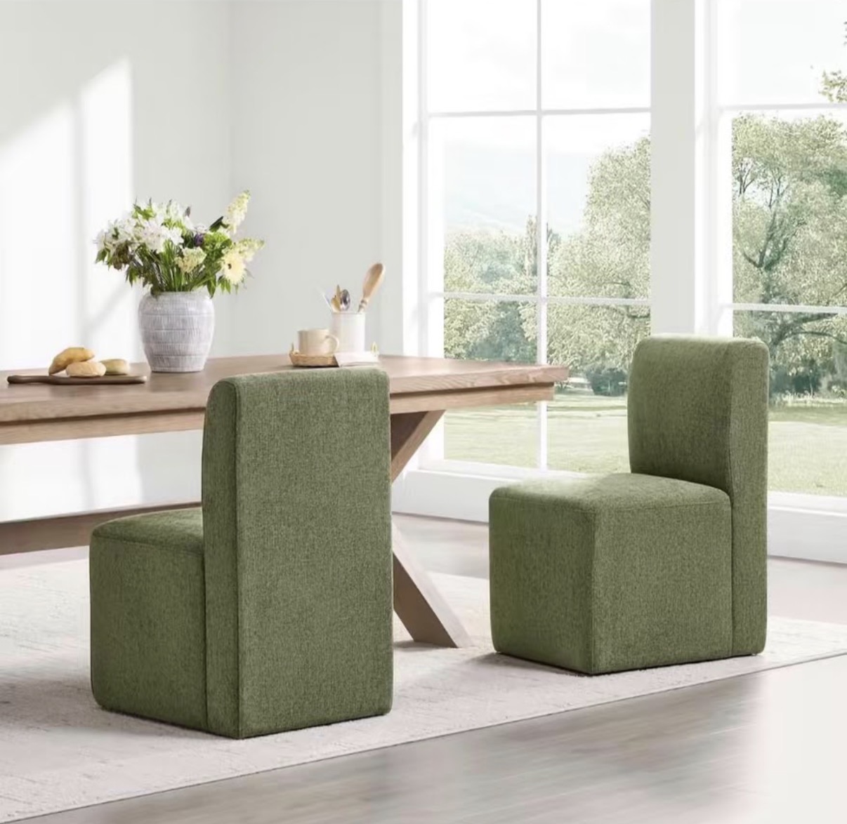 Modern Dining Chair / Castor Chair - Olive Green Boucle Fabric - Square Minimal Design - Set of 2 - Image 2