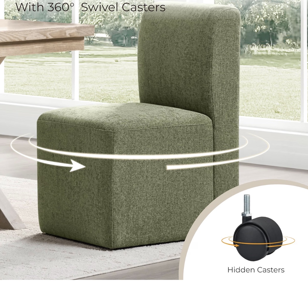 Modern Dining Chair / Castor Chair - Olive Green Boucle Fabric - Square Minimal Design - Set of 2 - Image 3