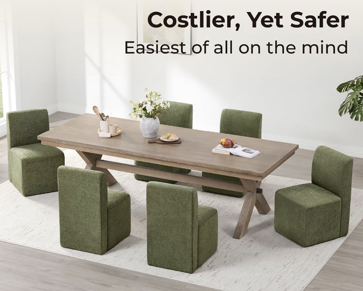 Modern Dining Chair / Castor Chair - Olive Green Boucle Fabric - Square Minimal Design - Set of 2 - Image 4