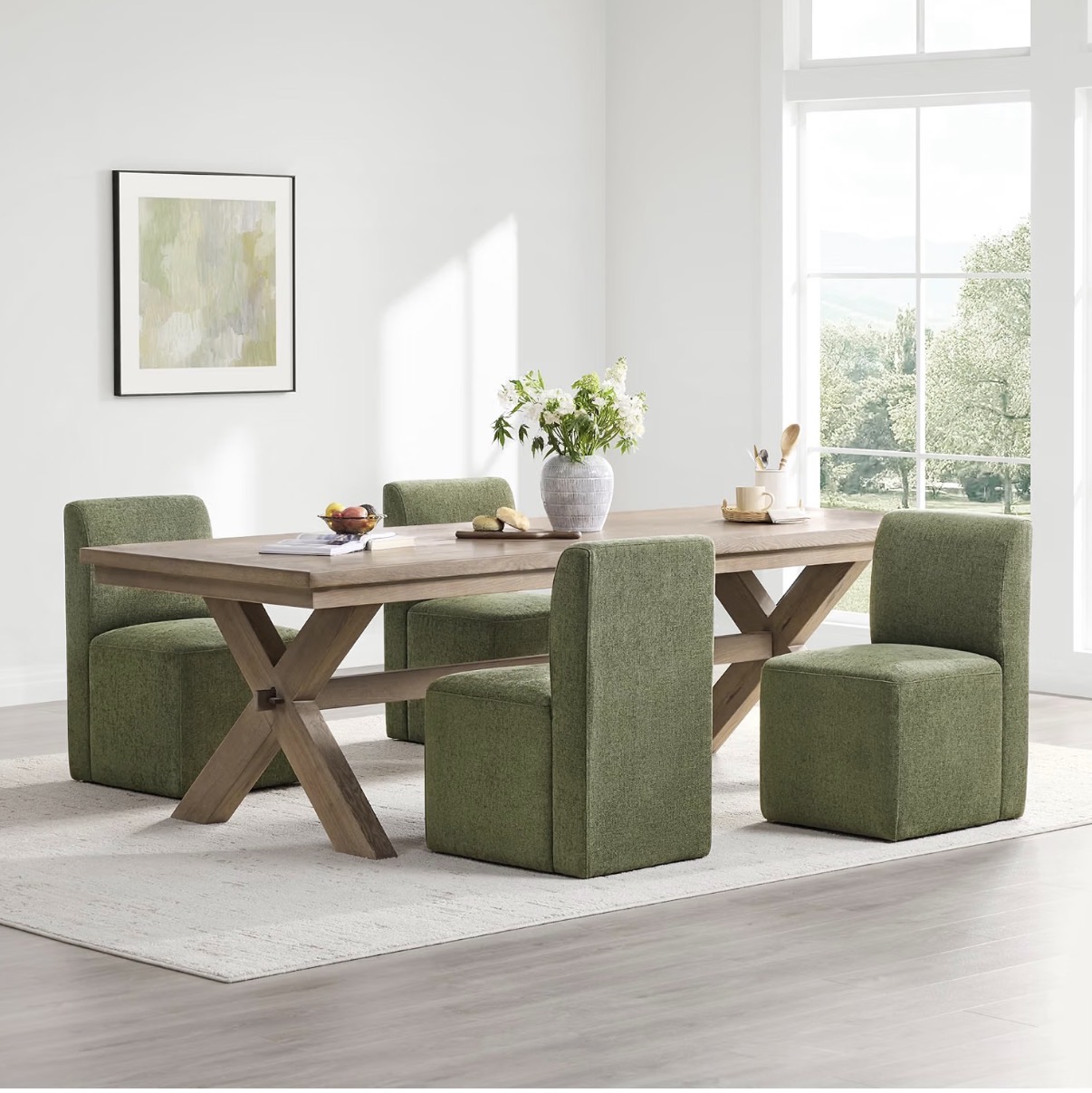 Modern Dining Chair / Castor Chair - Olive Green Boucle Fabric - Square Minimal Design - Set of 2 - Image 5