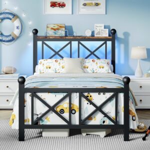 Twin Size Black Metal Bed Frame with LED Lights - Heavy Duty - With Storage Headboard