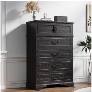 Modern 5-Drawer Tall Chest of Drawers - Vintage Black Wood Dresser - Bedroom Storage Organizer