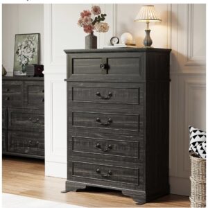 Tall Chest of Drawers - 5 Drawer Dresser - Black Vintage
