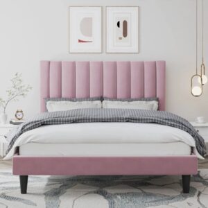 Pink Velvet Channel Tufted Platform Bed