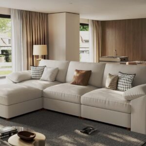 Cream White L-Shaped Sectional Sofa with Ottoman Chaise