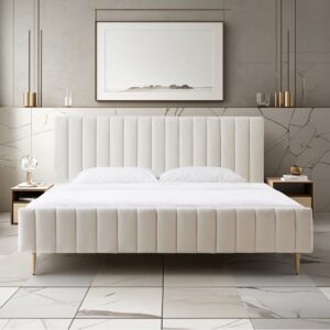 Elton Ivory Velvet Channel Bed Frame with Gold Legs