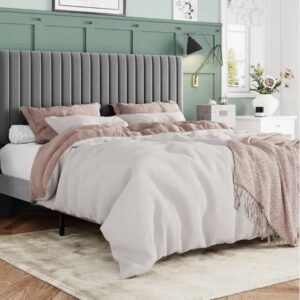 Brand New Luxury King Size Bed Frame - Grey Channel Tufted Upholstered Tall Headboard