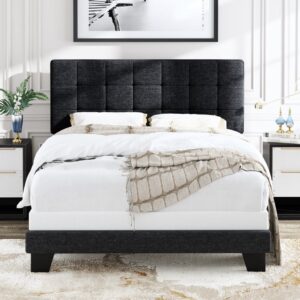 Modern Upholstered Platform Bed Frame - Dark Grey Fabric - Tufted Headboard