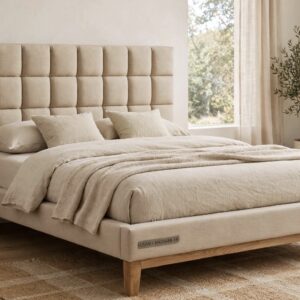 Modern Linen Upholstered Platform Bed - Beige Checkered Tufted
