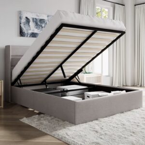 Modern Fabric Lift-Up Storage Platform Bed - Light Grey